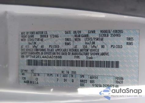 2010 Ford E-250 Commercial/Recreational из США, поврежденный, VIN 1FTNE2EL4ADA01698